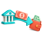 Bank transfer arrow carrying money from a lender to a borrower, standing for loan disbursement