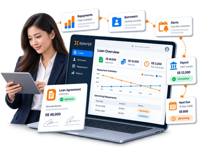 Loan officer reviewing a borrower's repayment schedule beside illustrated cards for an approved loan agreement, a payout and a due date