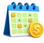 Calendar of instalments with coins on the due dates, standing for loan servicing and repayment schedules