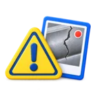 Warning sign beside a photo of a defect, standing for findings and severity levels