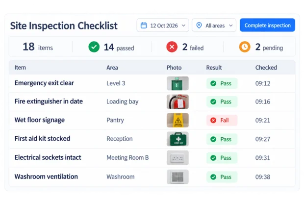 Inspection checklist screen in the Episcript inspection app, with pass, fail and a photo beside each item