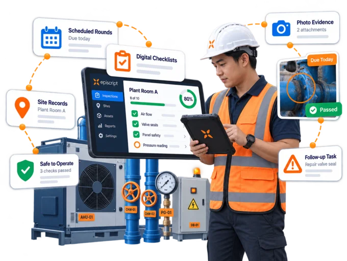 Facility inspector with a tablet checking a building plant room against a digital inspection checklist