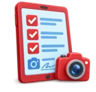 Tablet showing a checklist with a camera and a signature line, standing for the mobile inspection app