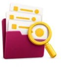 Folder of inspection reports with a magnifying glass, standing for re-inspections and inspection records