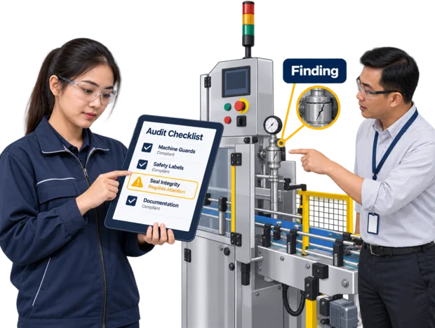Quality auditor with a tablet reviewing a supplier audit checklist and its findings in a production area