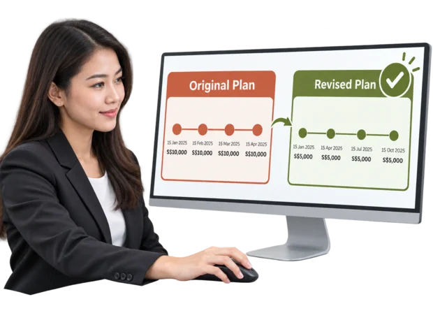 Credit manager approving a rescheduled loan on a monitor, with the original and revised instalment plans side by side