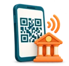 Phone showing a QR code payment beside a bank building, standing for PayNow and GIRO loan collections