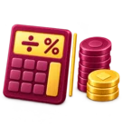Calculator beside a stack of coins split in two, standing for principal and interest