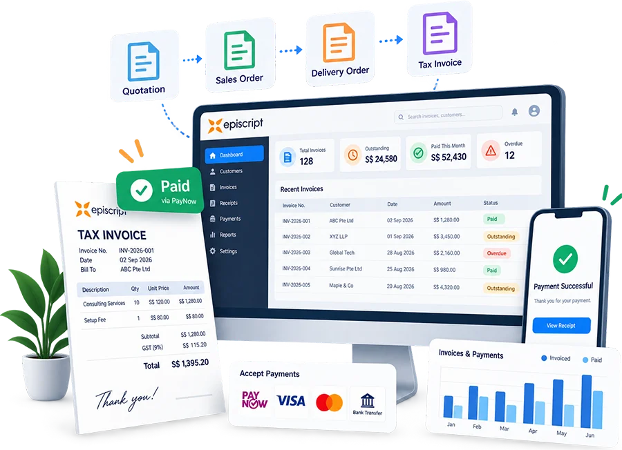 Illustration of an invoice, payment methods and a customer account balance in the Episcript invoicing system